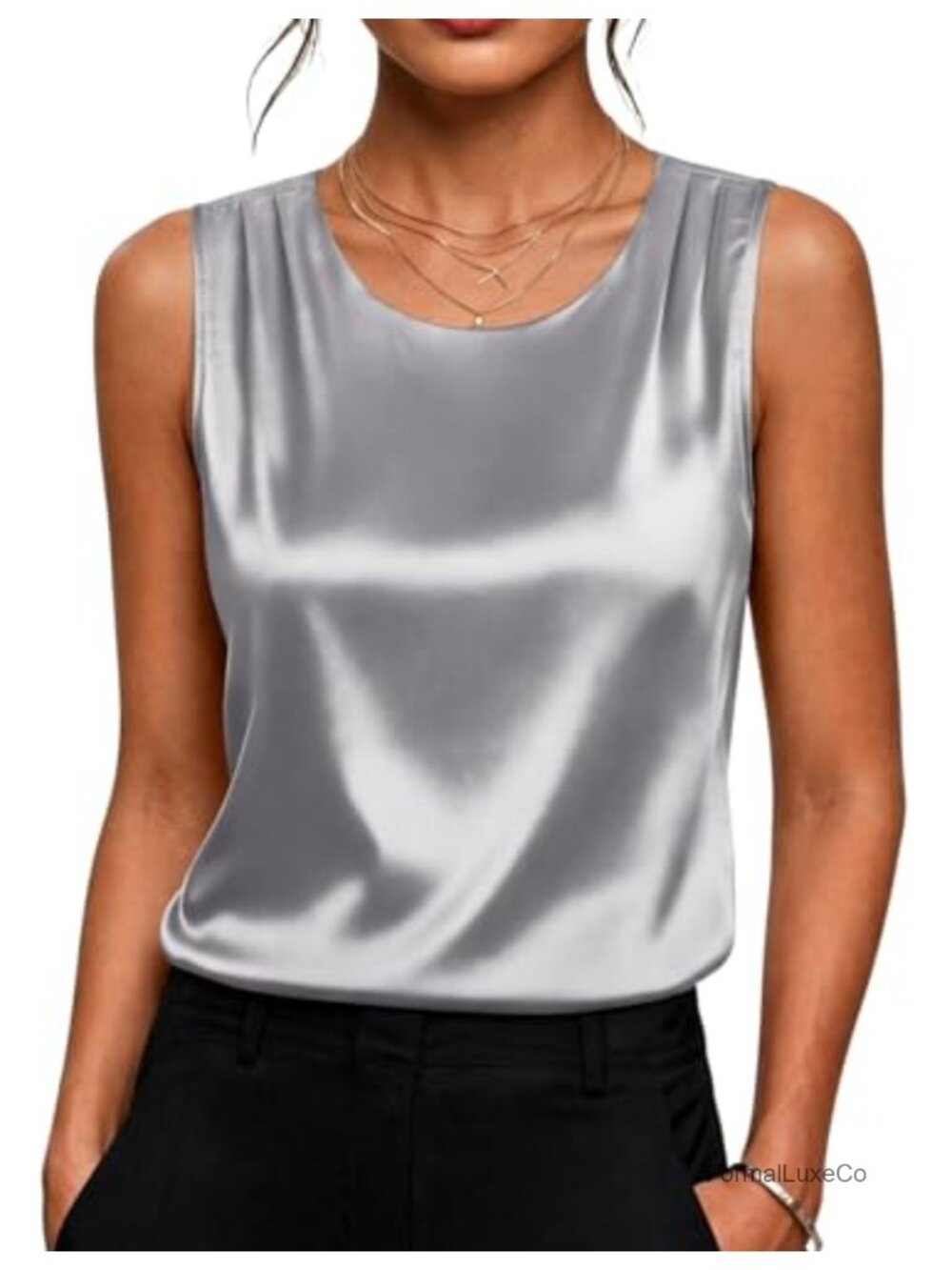Satin Tank Top Pleated Sleeveless Blouse Dressy Casual Women's Top